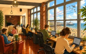 Illustrated coworking space overlooking Eastbourne Pier during Airbourne 2026 with aircraft flying overhead.