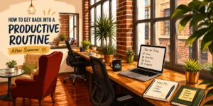 Professional returning to a productive work routine after summer in a bright coworking space