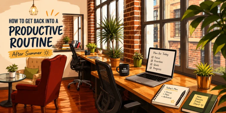 Professional returning to a productive work routine after summer in a bright coworking space