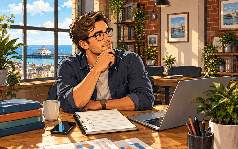 Professional working at a desk in a comfortable modern office as the seasons change outside.
